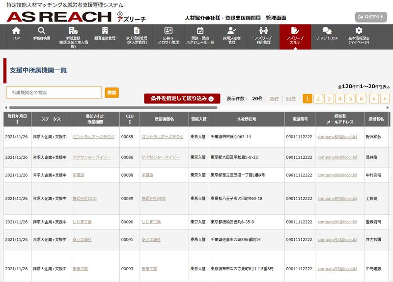 支援中の所属機関管理