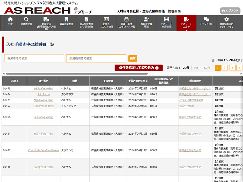 入社手続き中就労者一覧管理